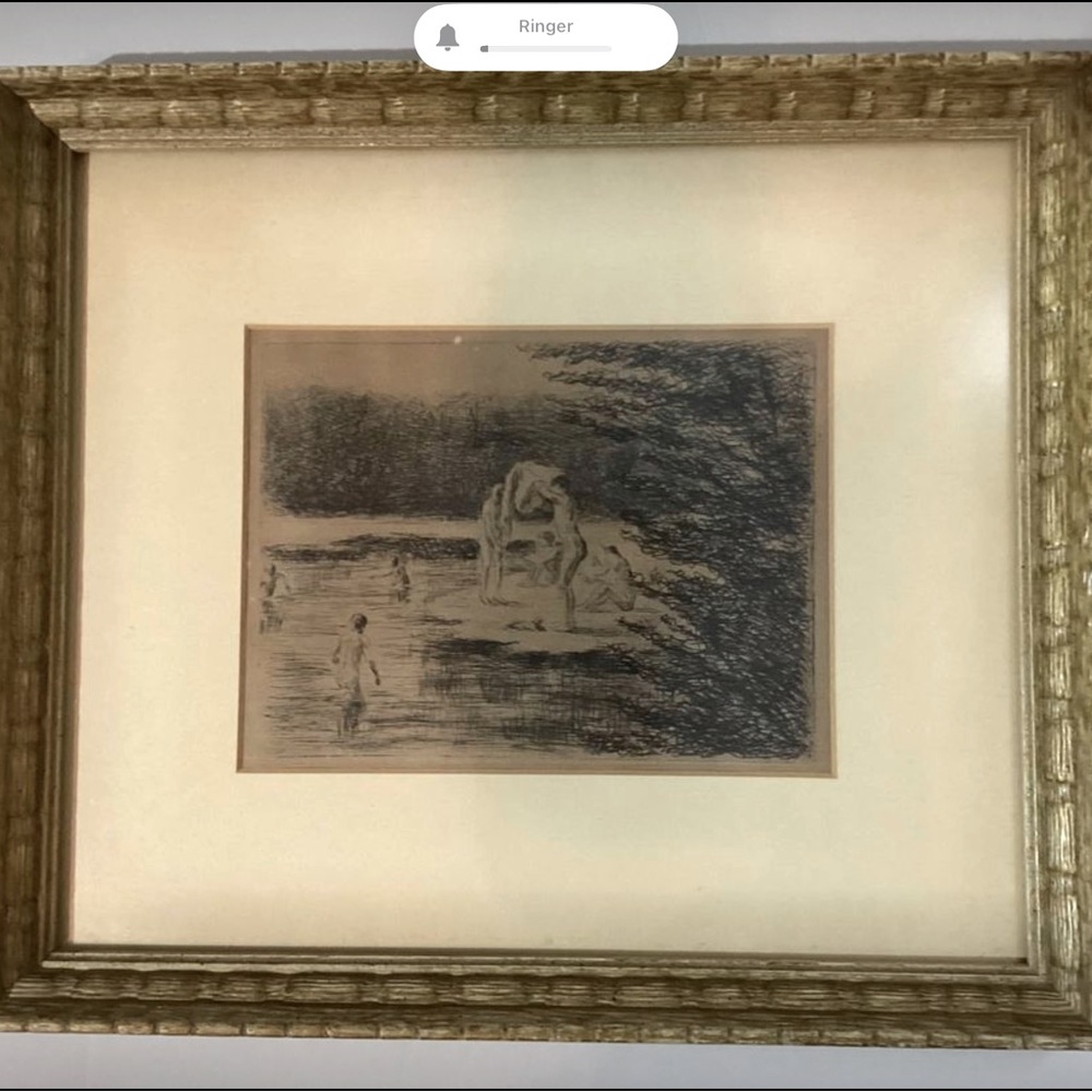 “Boys Bathing” etching (Badende Knaben”) 1896 by Max Liebermann, framed & matted
